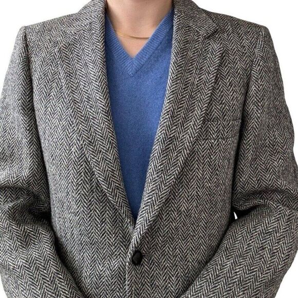 Vintage Mens Harris Tweed Black Gray Chevron Wool Preppy Sport Coat Blazer 36R - Picture 5 of 10